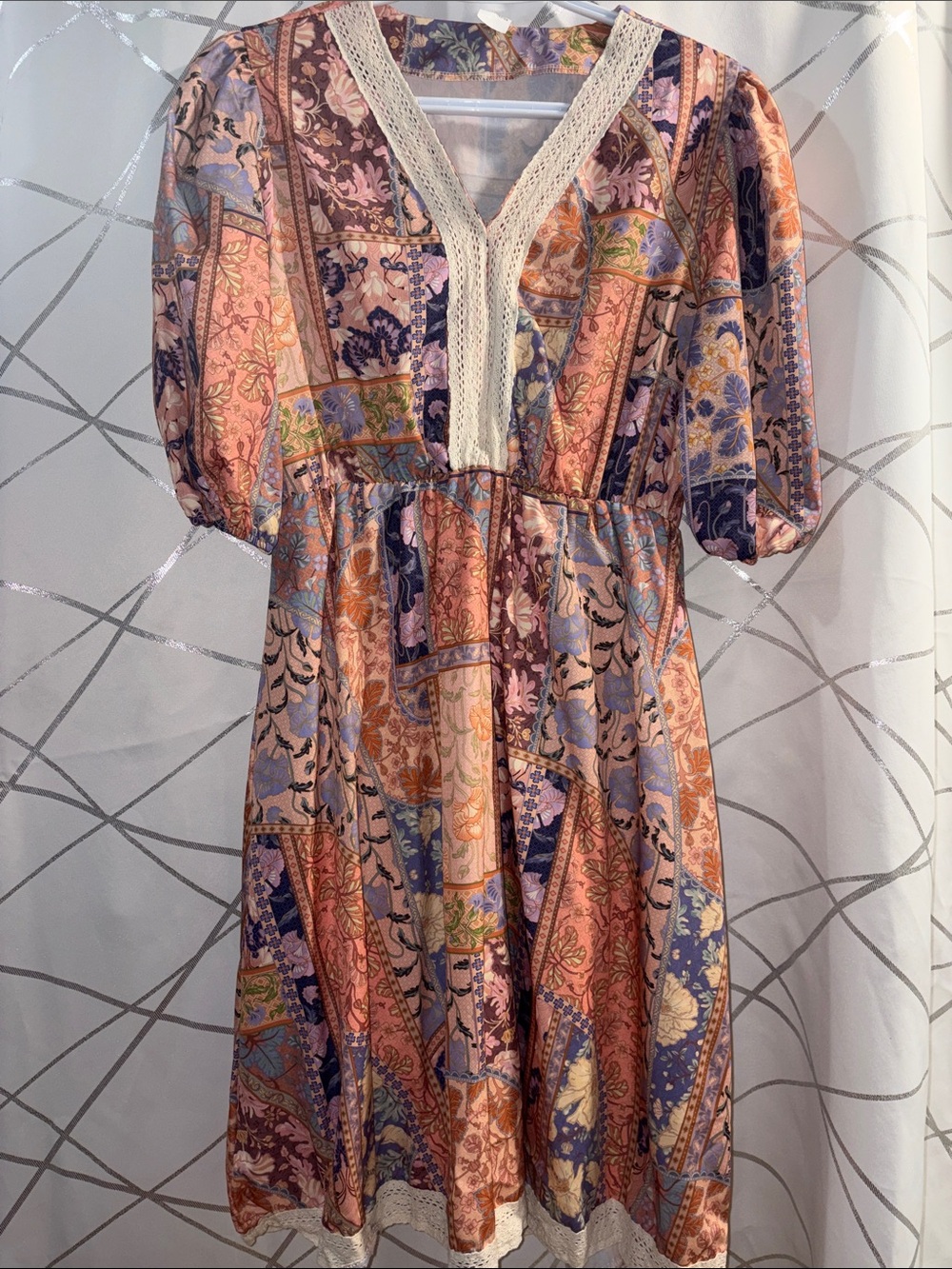 Patchwork Floral V-Neck Midi Dress in Peach and Lavender